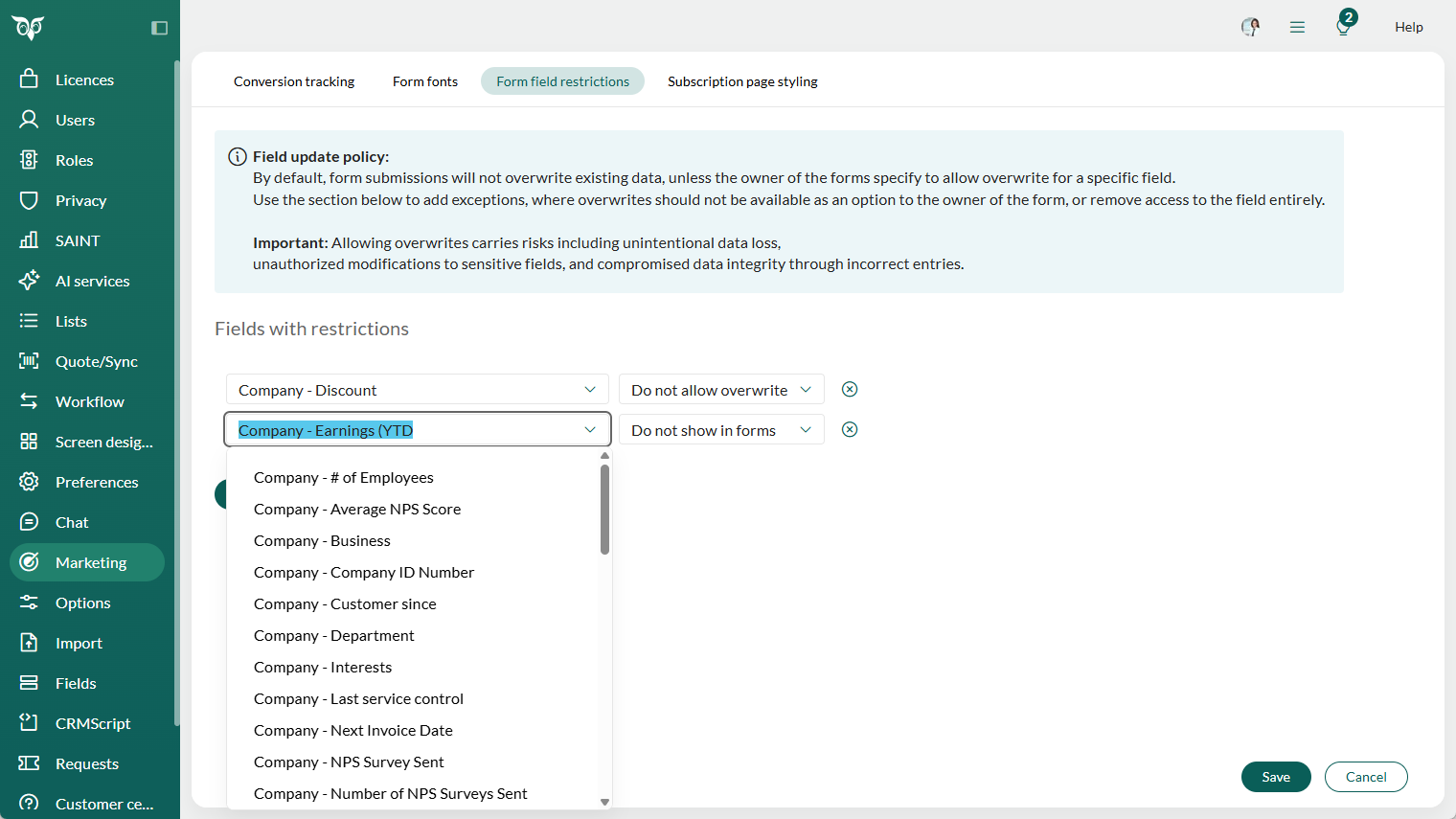 Admin Marketing - Set restrictions on form fields visible in Marketing forms -screenshot