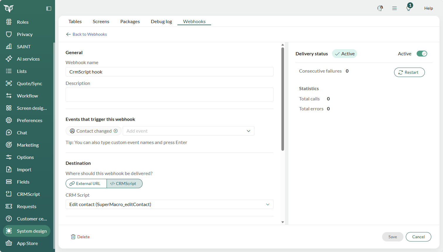 Settings - Webhook details and settings -screenshot