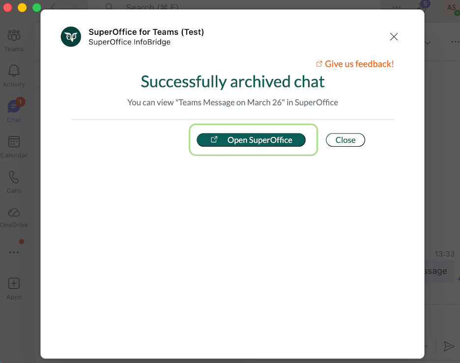 The successfully archived chat confirmation with the Open in SuperOffice button -screenshot