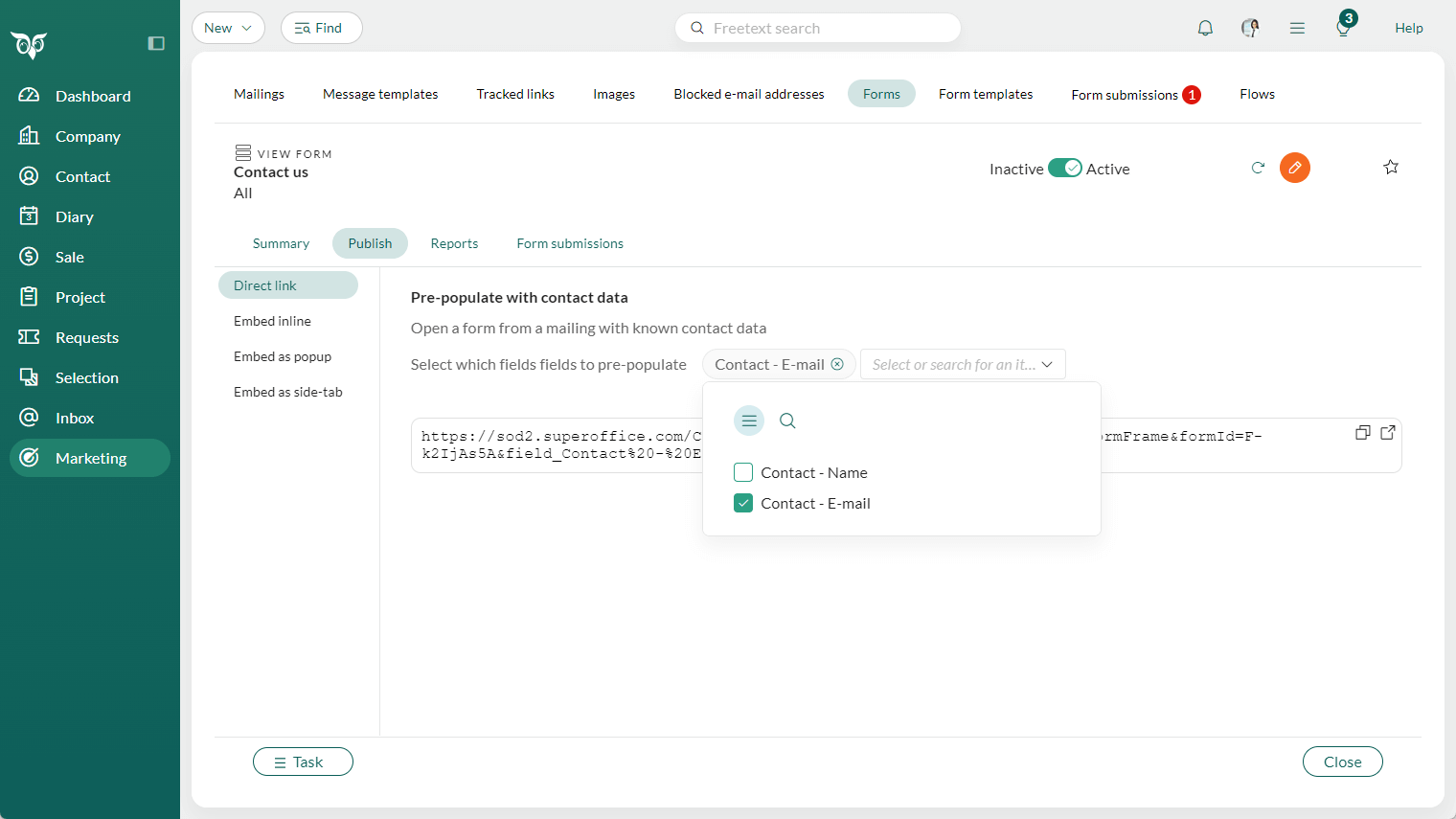 Marketing Form shows the direct link for Publish -screenshot