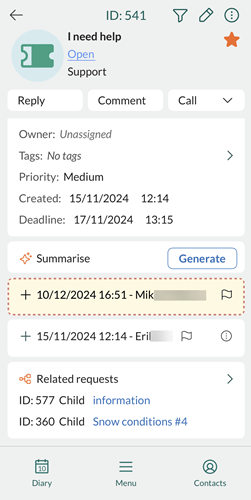 Request with related requests shown as hierarchy or side-by-side -app-screen
