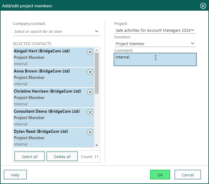 Project - Add function and comment on project members -screenshot