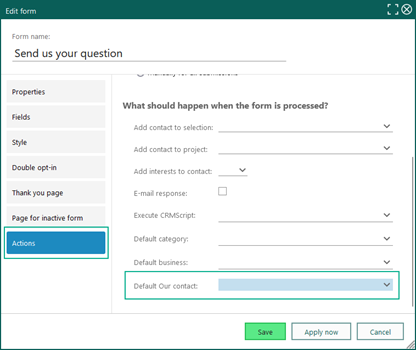 Form - Set up Our contact with a default on form submissions -screenshot