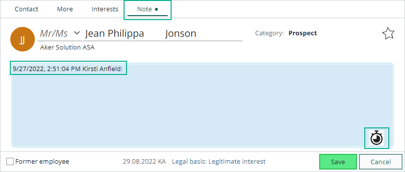 Contact (and Company) - Note tab - Add a time stamp with a button -screenshot