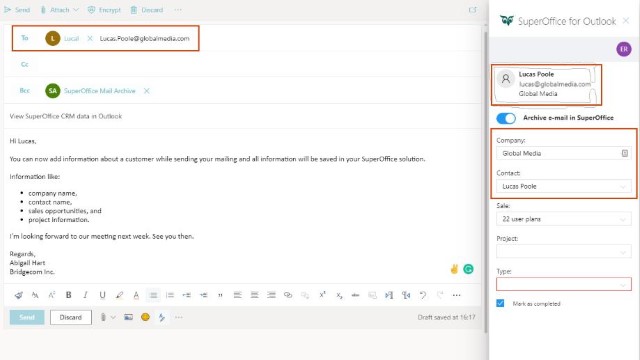 Outlook panel showing contact and sale history -screenshot