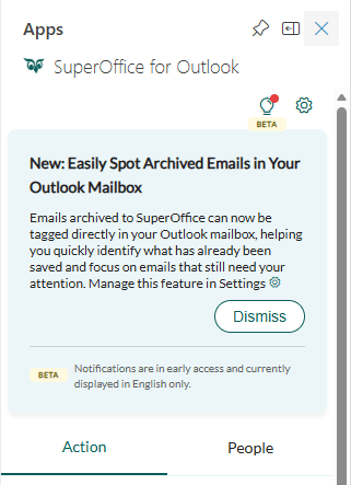 SuperOffice for Outlook shows an in-app announcement -app-screen