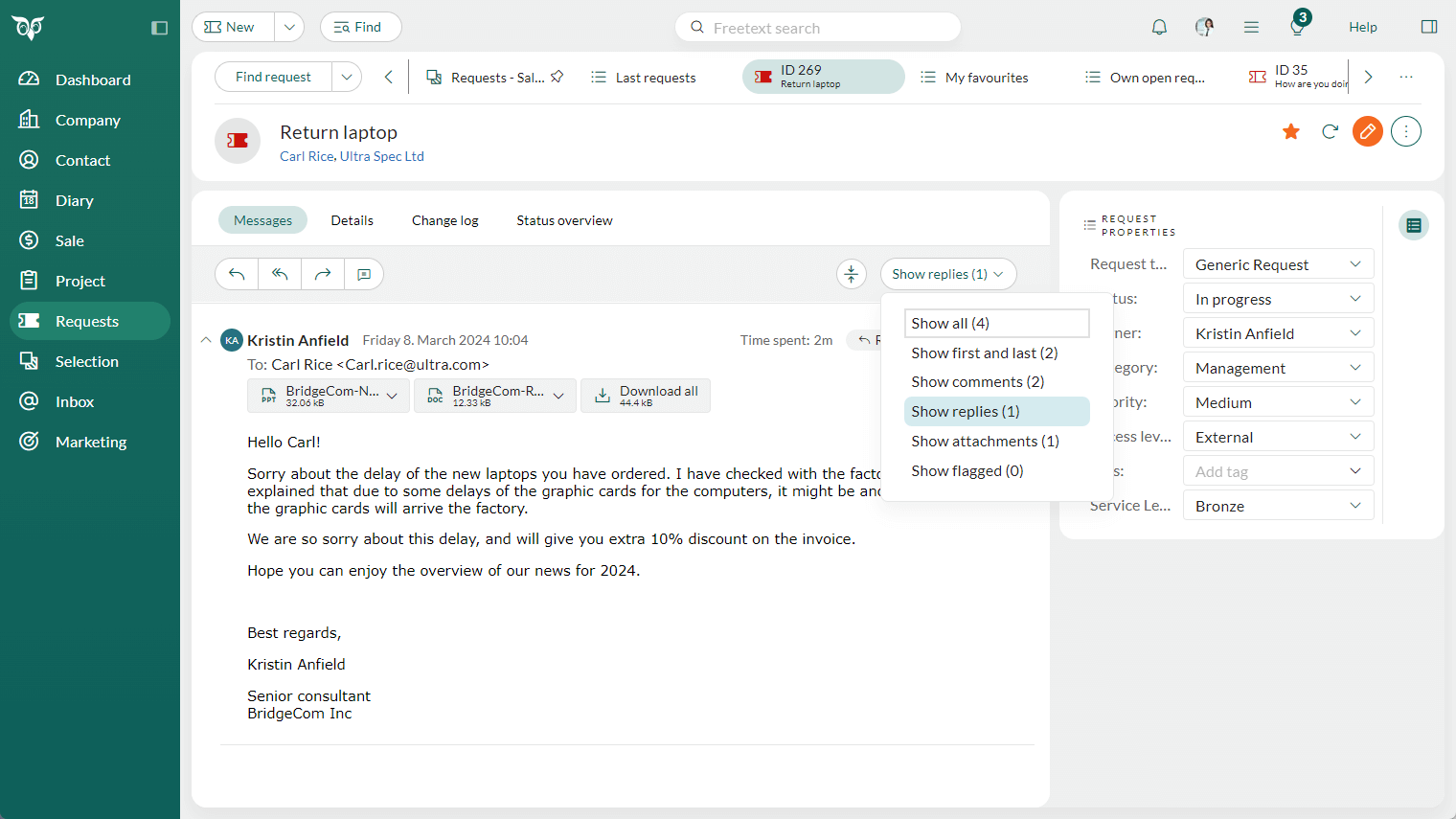 The request messages can be filtered on comments and replies -screenshot