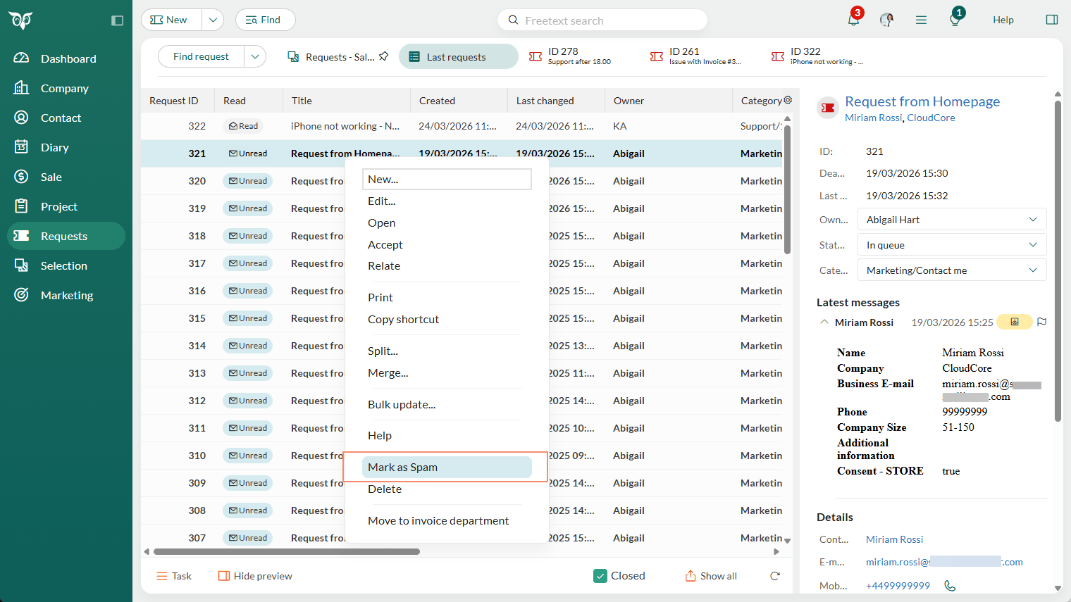Request list showing the Mark as spam context menu -screenshot