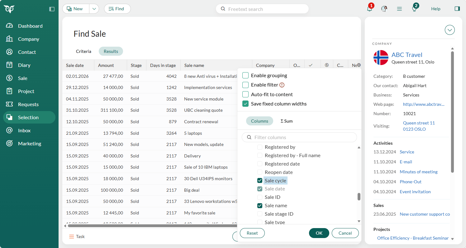 Use Sale cycle as criteria to set up sale selections -screenshot